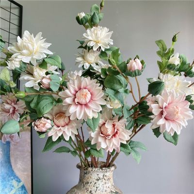 [AYIQ Flower Shop] ใหม่ดอกดาเลียสาขาผ้าไหมสีขาวดอกไม้ประดิษฐ์พร้อมใบไม้ปลอมสำหรับงานแต่งงานสวนโรงแรมการตกแต่งฟลอเรส