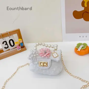 New children's faux pearl handbag fashion chain messenger bag pearl bag  cute girl lace bow princess bag shell pearl handbag colorful woolen leisure  bag sweet candy bag suitable for daily children, primary