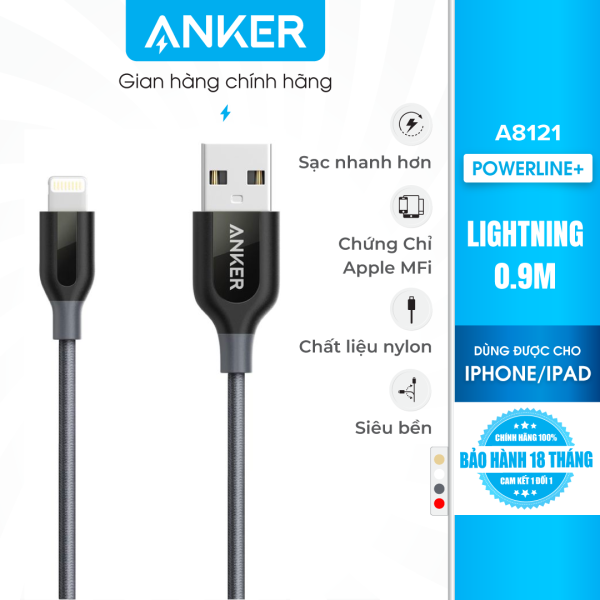 Cáp sạc Anker PowerLine+ Lightning dài 0.9m cho iPhone iPad Không bao da – A8121H