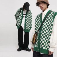 CODDian Zhen 【M-2XL】Spring and Autumn New Fashion Checkerboard Loose Knitted Cardigan Vest Retro Waistcoat Boys Couple Tops