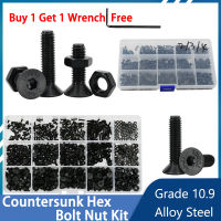 เกรด10.9โลหะผสมเหล็กสีดำ Countersunk หัวแบน Hex Bolt Nut Kit ไฟฟ้าเครื่องสกรู Hexagon Allen Bolts M2 M3 M4 M5 M6