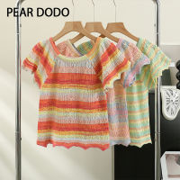 PEAR DODO เสื้อถักแขนสั้นสำหรับผู้หญิง,เสื้อสายติดรองเท้าเด็กถักทรงหลวมกลวงดอกไม้ฉบับภาษาเกาหลี