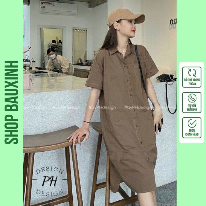 VÁY SUÔNG SƠ MI VẠT BẦU MÀU XANH NỮ