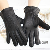 New deerskin gloves mens leather outer stitched striped retro motorcycle riding driving autumn and winter wool knitted lining