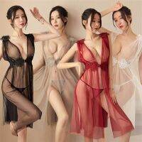 Baju Tidur Seksi ชุดนอนสตรีสไตล์วินเทจคอวีลึกผ่าข้างชุดเดรสชุดราตรีผ้าบางมองทะลุผ่านชุดชั้นในโปร่งแสงเสื้อใส่อยู่บ้าน Xiaoyou