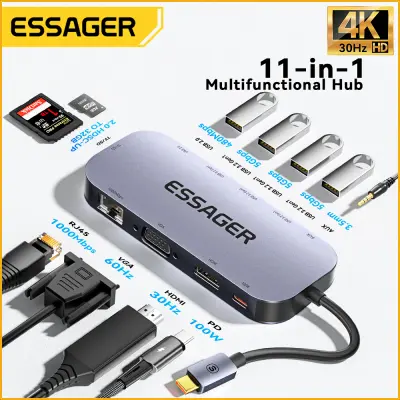 USB Essager ชนิด C ไปยัง HDMI-USB ที่เข้ากันได้ USB 3.0อะแดปเตอร์11 In 1Type C ฮับท่าเรือ RJ45ตัวอ่าน SD PD 100W สำหรับแมคบุ๊กโปรแอร์ USB ตัวแยก C