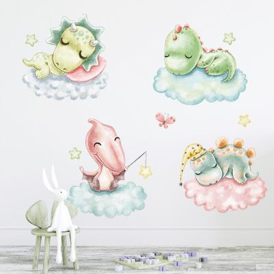 Watercolor Cartoon Baby Dinosaurs Sleeping on the Cloud Wall Stickers for Baby Nursery Room Decoration Kids Room Wall Decals PVC