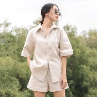 Biary - Dawn Linen Shirt &amp; Dusk Linen Shorts (Beige Color)  ขายแยกชิ้น* เสื้อคอปกลินินแท้ระบายอากาศ และกางเกงขาสั้นผ้าลินิน