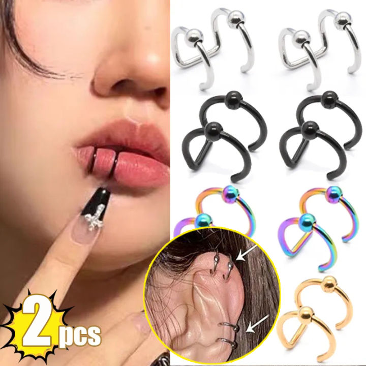 2Pcs New Stainless U Shaped With Ball Hoop Rings Faux Lip Ear