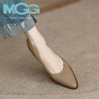 ✴●⊙ MGG genuine leather French single shoes for women 2023 autumn retro brown shallow mouth pointed toe commuter mid-heeled small leather shoes