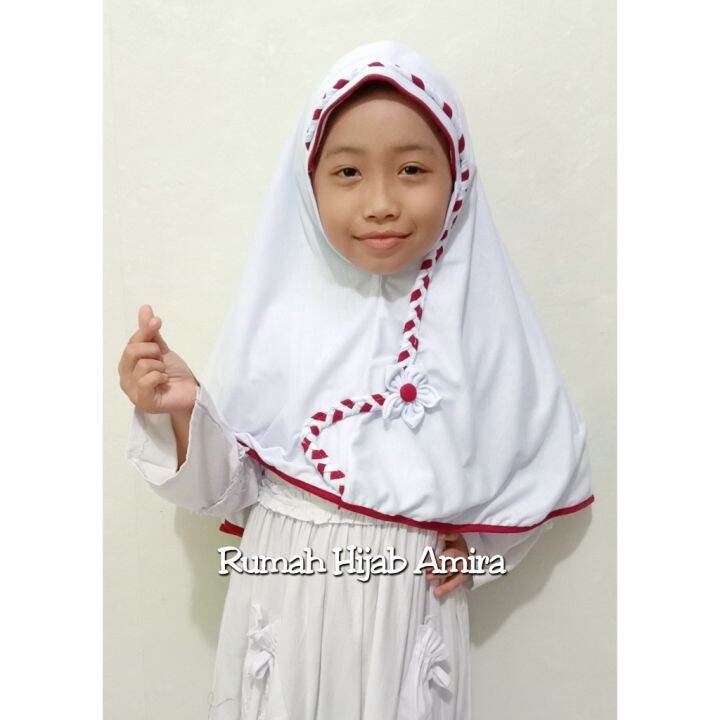 Kerudung Sekolah Kaos SD Kepang Tambang Putih List Merah Ukuran M ...