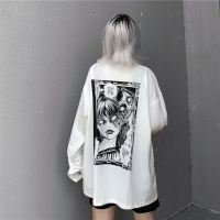 QWEEK Gothic White T-shirt Womens Harajuku Long Sleeve Mall Goth Top Vintage Grunge Alt Clothes Aesthetic Kpop Korean 2021