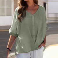 ℗  S-5XL Size Women Casual Loose Shirts Summer Autumn Half Sleeve Elegant Chic Blouse V Neck Button Tops New 2023