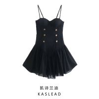 KASLEAD new womens European and American wind jacquard chiffon skirt with shoulder-straps chest cup posh wind miniskirt ❤