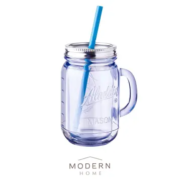 Aladdin 4 Piece 20oz Plastic Mason Jar Set Handled Lidded Tumbler Drinking Cup  Mug Glasses & Straws