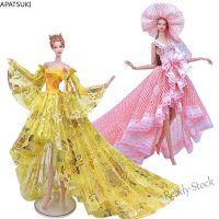 【Ready Stock】 ✷◎ C30 Pink Golden Wedding Dress for Barbie Doll Outfits Clothes Long Tail Party Gown