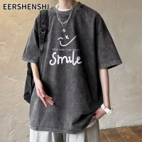 EERSHENSHI เสื้อยืดทรงโอเวอร์ไซส์คอกลมผู้ชายแขนสั้นโอเวอร์ไซส์สีเทาพิมพ์ลายรอยยิ้ม