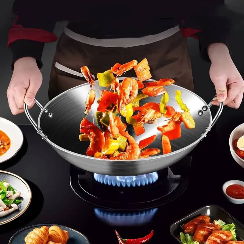 Round Deep Bottom Wok Double- Eared Wok Stainless Steel Wok Pan