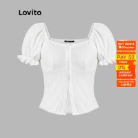 COD dhdfxcz Lovito Casual Plain Button Front Lace Puff Sleeves Sweetheart Neckline Blouse for Women L45AD075(Off White)