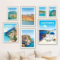 Italy S Lake Como, Riviera, Amalfi Coast และกรีก S Santorini Travel ภาพวาดผ้าใบ Wall Art โปสเตอร์,เหมาะสำหรับตกแต่งห้องนั่งเล่นและตกแต่งบ้าน