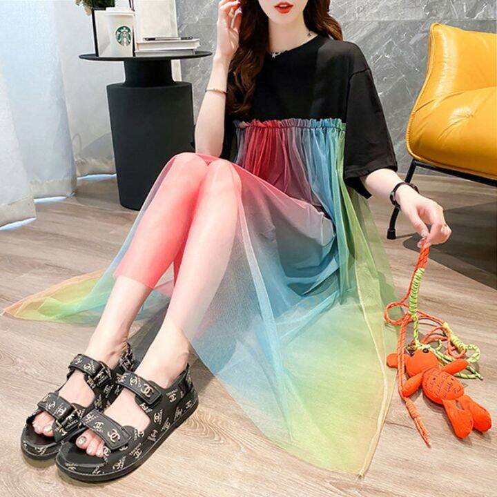 yf-2023-women-summer-rainbow-color-mesh-patchwork-sweet-casual-dresses-korean-style-o-neck-short-sleeve-loose-streetwear-midi-dress