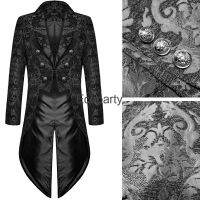 ฮาโลวีนผู้ชาย Steampunk โกธิคสีดำ Tailcoat แจ็คเก็ตยุคยืนปกคู่หน้าอกผ้าสีแดงเข้มเสื้อแต่งงานชาย