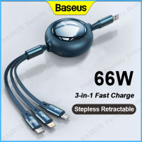 Baseus สายชาร์จไฟรวดเร็ว66W 3-In-1 USB เป็น Type C ไมโครสายเคเบิลหลอดไฟไม่สามารถหดได้