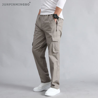 JUNPINMINGBO กางเกงยุทธวิธีสำหรับผู้ชาย,กางเกง100% ผ้าฝ้ายเนื้อนิ่มระบายอากาศได้ดีขาตรงขาหลวม6กระเป๋า