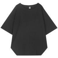 [EAM] Women Black Hem Vent Big Size T-shirt New Round Neck Three-quarter Sleeve Fashion Tide Spring Autumn 2021 19A-a628