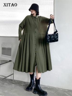 XITAO Dress Solid Color Pleated Full Sleeve Goddess Fan Casual Shirt Dress