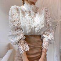 [COD] Korean chic autumn French style loose button heavy industry lace hollow flower splicing long-sleeved stand-up collar