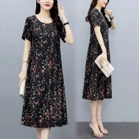 Ice Silk Dress New Plus Size Womens Loose Mother Dress Black Floral Dress