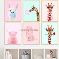 Pink Bubble Elephant Giraffe Poster Print Animal Nursery Wall Art Canvas Painting Child Picture Nordic Kids Baby Room Decoration