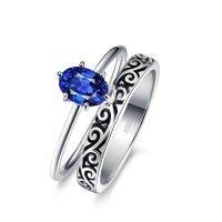 2pcs Retro Carved Black Wedding Ring and Oval Blue Zircon Bridal Sets Engagement Jewelry