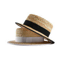 2021 New Summer Wheat Straw Boater Top Flat Hat for Women Wide Brim Cap Femme Ete Beach Sun Hats Sombreros De Sol Chapeau Paille