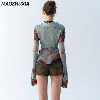 MAOZHUXIA เสื้อพิมพ์ลายเสื้อสีตัดกันสำหรับผู้หญิง,เสื้อที่ต่อกันตาข่ายแบบกันแดด