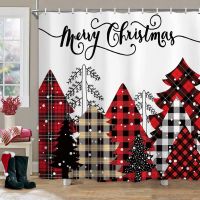 Merry Christmas Bath Curtain ผ้าควายสีแดงลายสก๊อตต้นคริสต์มาสป่าหิมะบ้านไร่ล้างทำความสะอาดได้ม่านห้องน้ำตกแต่ง 180 * 180 ซม