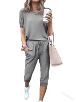 [COD] Cross-border casual fashion round neck elastic waist and foot mouth solid loose short-sleeved sports suit stock