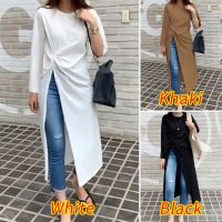 ZANZEA Women Casual Full Sleeve O-Neck Solid Color Front Slit Long Blouse