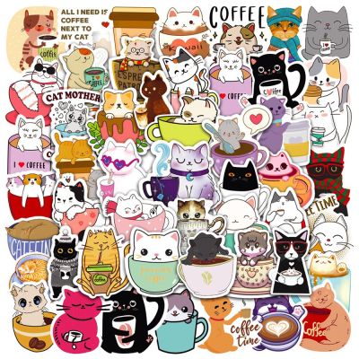10/30/50PCS Cute Cat and Fun Coffee Cartoon Animal Sticker Waterproof notebook Luggage Suitcase Graffiti DIY Sticker Fun Gift Stickers Labels