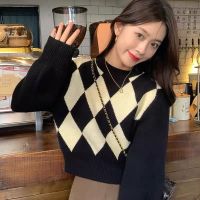 ▫ 621535 Rhombus Short Sweater Women Autumn Winter Loose Pullover Outer Wear Knit Top