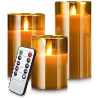 ♝ LED Electronic Flameless Swing Candle Paraffin Wax Glass Candles Lights Φ7.5CM Battery Operated Rechargeable Lamp with Remote Control for Party Birthday Romantic – Amber Gold