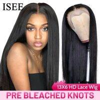 【jw】♘  ISEE Young HAIR Pre Bleached Knots Straight Front Human Hair Wigs Malaysian 13X6 Frontal Wig