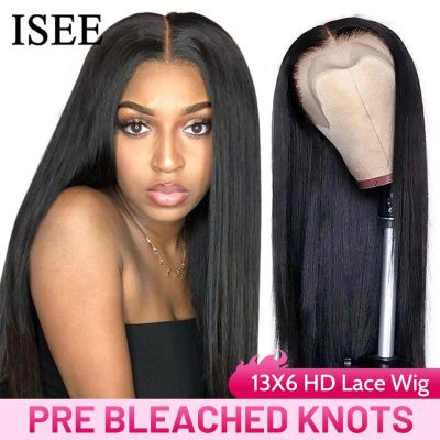 【jw】♘  ISEE Young HAIR Pre Bleached Knots Straight Front Human Hair Wigs Malaysian 13X6 Frontal Wig
