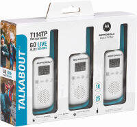 Motorola Solutions, Portable FRS, T114TP, Talkabout, Two-Way Radios, Battery Operated, 22 Channel, 16 Mile, White/Blue, 3 Pack