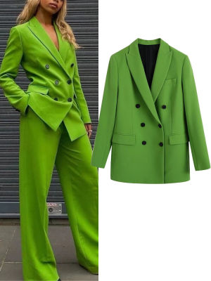 TRAF Green Blazer Women Double Breasted Casual Blazer Woman Tailoring Coat Female Suit Spring Long Sleeve Elegant Womens Jackets