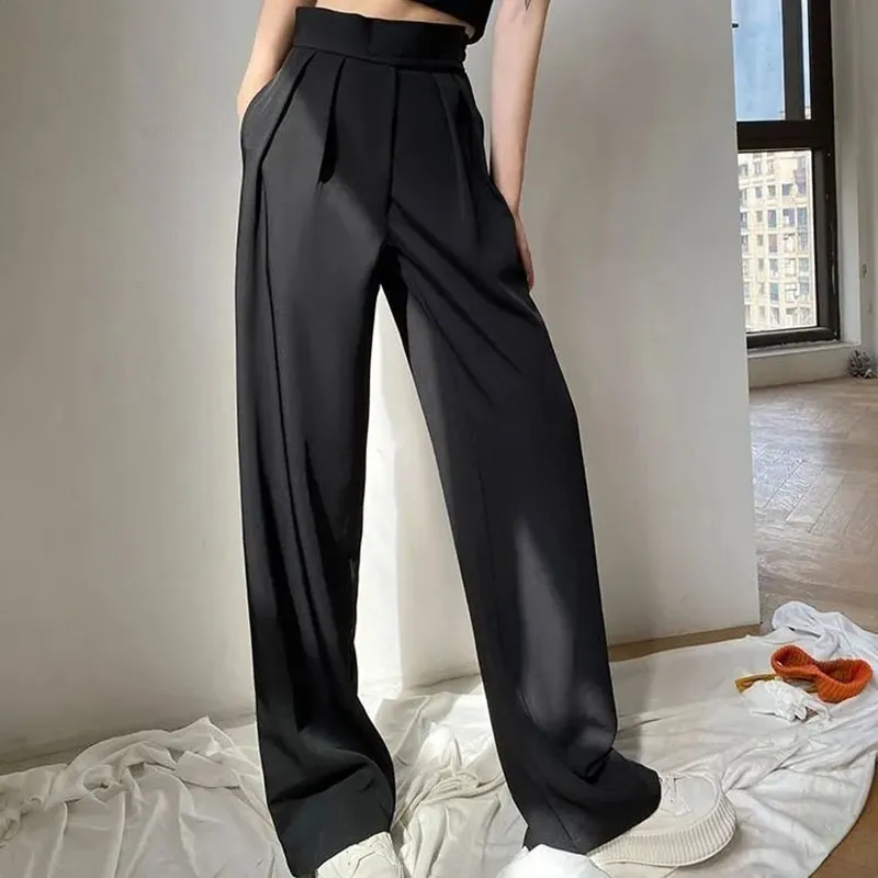 Solid Black Casual Pants Women Empire Wide Leg Trousers Office Lady  Adjustable Waist Mopping Draped Baggy Elegant Tender Popular