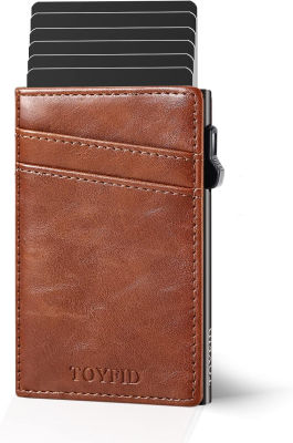 TOYFID Pop Up Wallet Slim for Men Card Holder RFID Blocking with Leather Money Pocket Wallets Minimalist Business Card Case Up to 12 Credit Cards (Brown) Brown-billfold