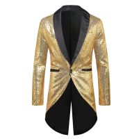 ZZOOI Mens Shiny Gold Sequins Tailcoat Jacket Steampunk Victorian Long Coat Swallowtail Dinner Halloween Party Stage Singer Costumes  Suits and Blazer