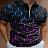 【high quality】  3d Geometric Printed Polo Shirt with Zipper, Retro Style, Suitable for Men.